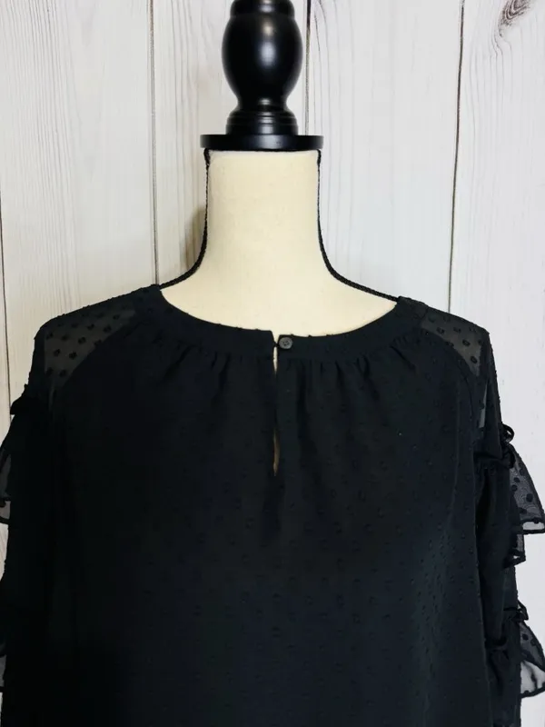 LOFT Black Ruffle Blouse Sz M Semi Sheer Long Sleeve Textured Polka Dots - Image 2