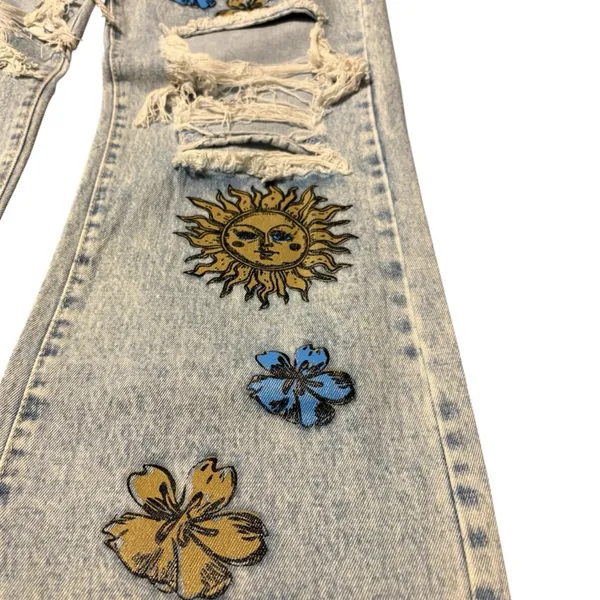 Light Blue Floral Distressed Wide Leg Jeans Size XL (29” Waist) - Image 4