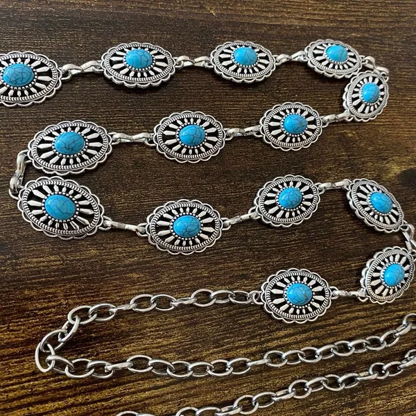 Silver Turquoise Sunburst Concho Chain Belt, Fits 25-44 Inches, X7GA1352 - Image 7