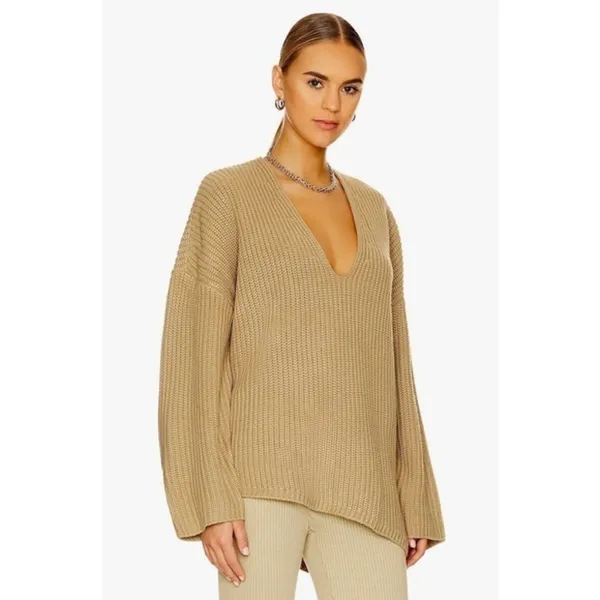 Revolve WEWOREWHAT‎ Solid V Neck Sweater Solid Tan Oat Oversized Knitwear M/L - Image 5