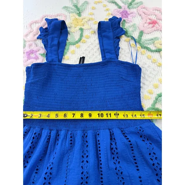 Grace+Karma Blue Smocked Eyelet Midi Dress Ruffle‎ Strap XL - Image 3