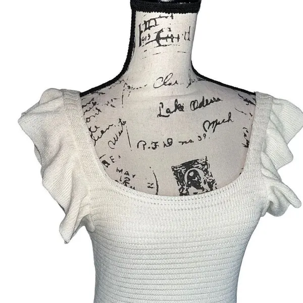Anthropologie Ivory Ruffle‎ Knit Mini Dress Square Neck Cream Small NEW $130 - Image 3