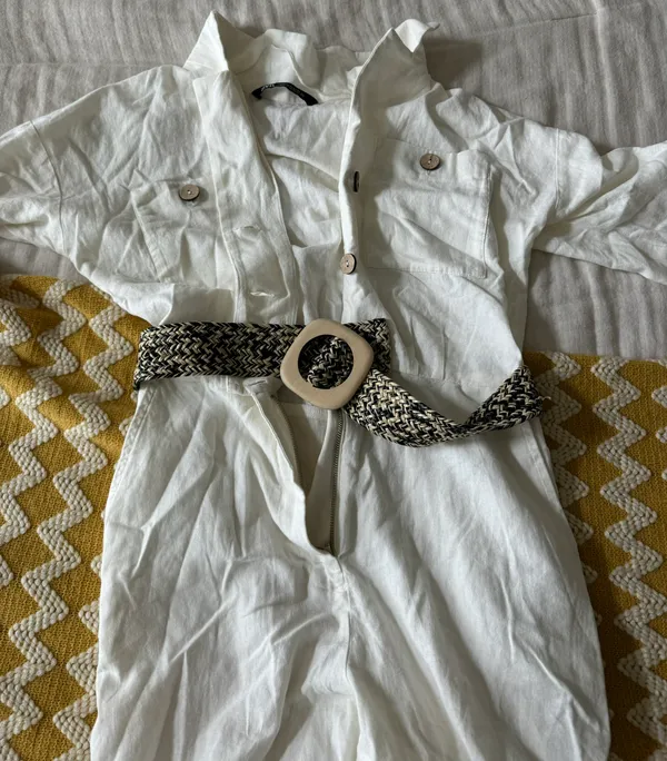 ZARA White Linen Belted Jumpsuit - Image 4