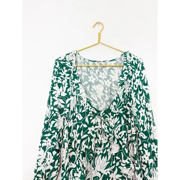 Free People Rebecka Floral Ruffled Mini Dress Size Medium Emerald Green - Image 5