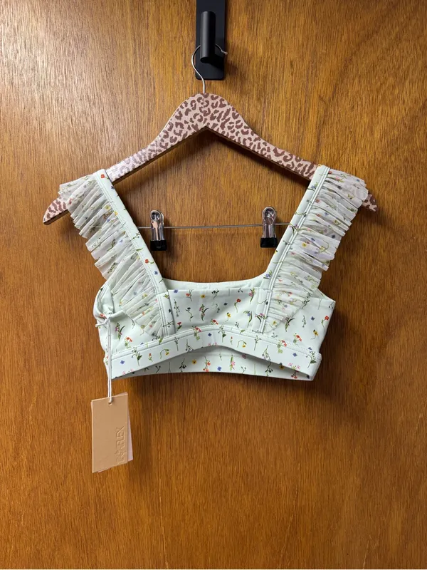 POPFLEX Romance Mesh Ruffle Sports Bra Meadow Floral Print Green XS NEW NWT - Image 9