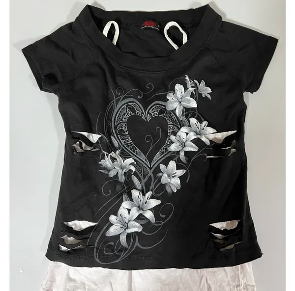 Spiral Black White Hibiscus Flower Floral Y2K Layered Shirt Top Blouse Tee Size S 🤍🖤 - Image 4