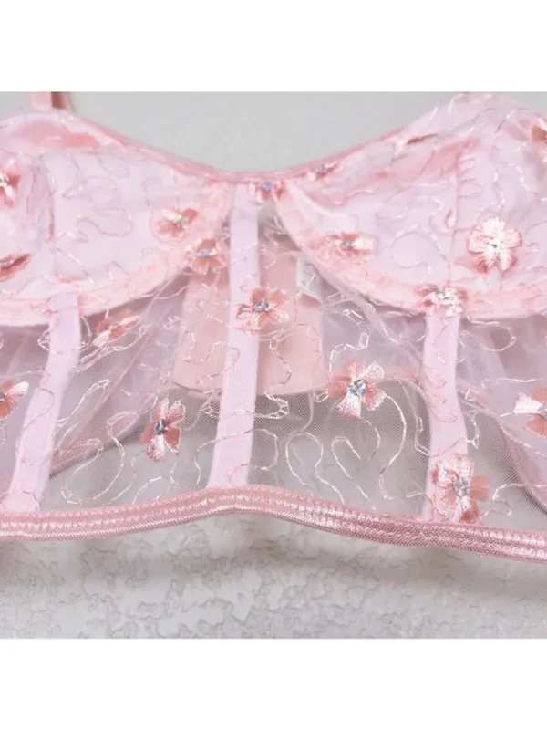 Floral Embroidered Lace Underwire Bralette M Pink Sheer Lingerie Bra Sequin - Image 5