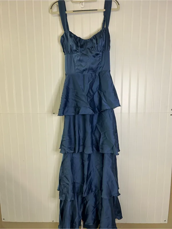 Lucy in the Sky Satin Ruffle Maxi Dress in Slate Blue Size Large - Image 5