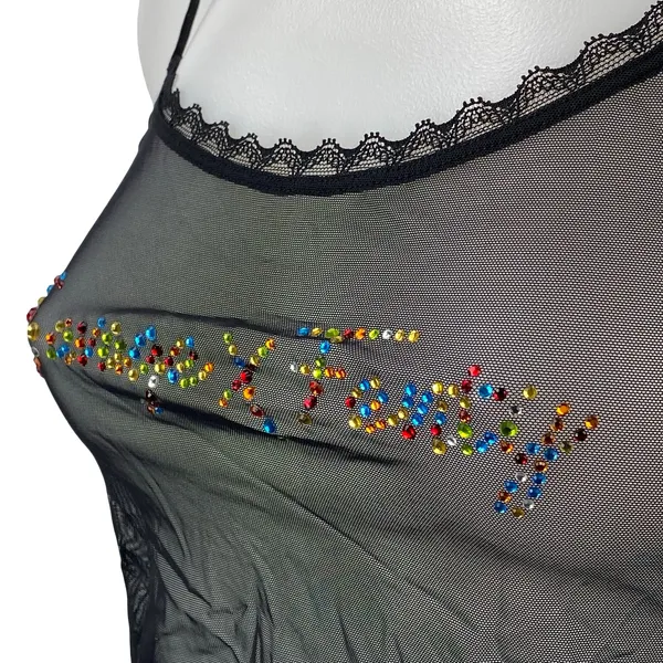 Savage x Fenty Black Rhinestone Logo Lace Sheer Mesh Cami Tank Crop Top Size XS - Image 3