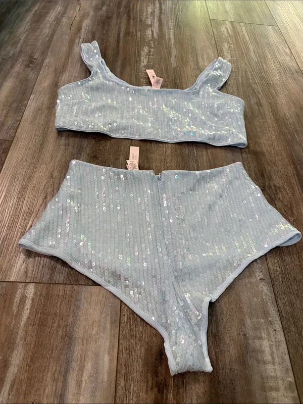 Victorias Secret Iridescent Sequin 2 Piece Set Lingerie Crop Top Panty Blue NEW - Image 8