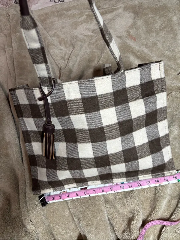 Brown Cream Buffalo Plaid Check Tote Bag Tassel Shoulder Handbag - Image 5