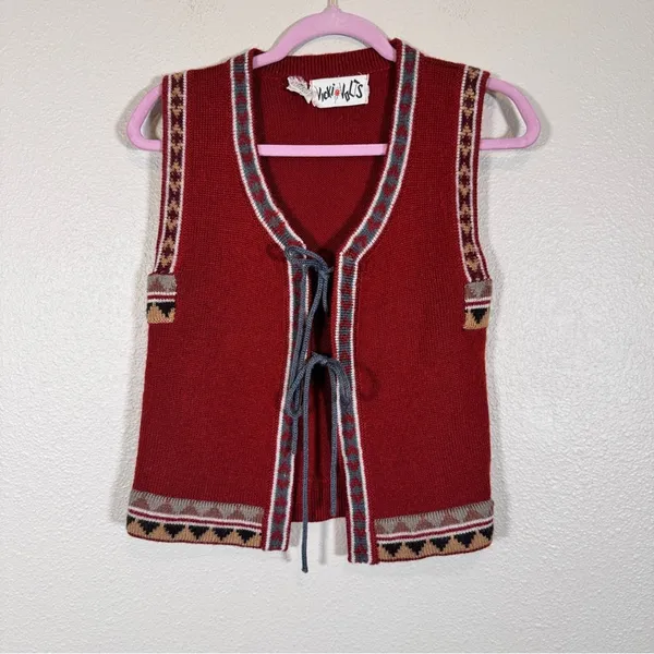 Vintage 70s Vicki Volts Red Grey Sweater Vest Womens S Fall Warm Hippie Folk - Image 11