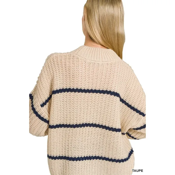 Zenana Oversize Striped Sweater - Taupe - Medium - Image 5