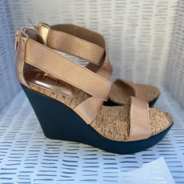 Charles by Charles‎ David Rose Gold Strappy Cork Back Zip Wedges size 8 - Image 4