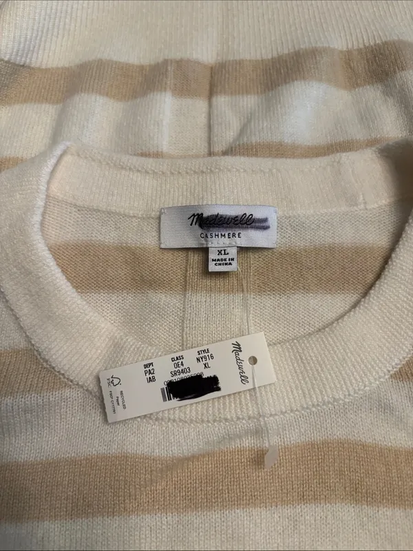 Madewell Crewneck Sweater in Cashmere ivory & biscuit stripe NY916 Size XL NWT - Image 4