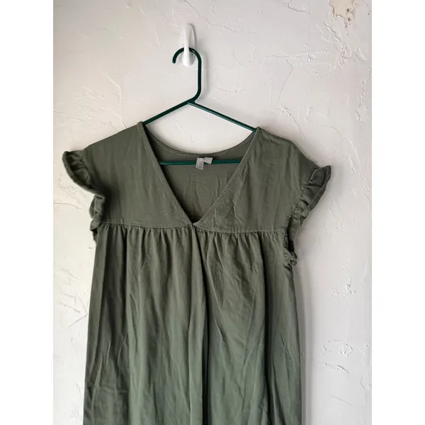 ASOS Olive Green Oversized‎ Small Top Flutter Ruffle Sleeve V Neck Babydoll - Image 2