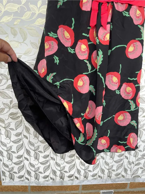 Anna Sui Anthropologie Sz 12 Silk Dress Strapless Black Pink Poppy Floral Lined - Image 3