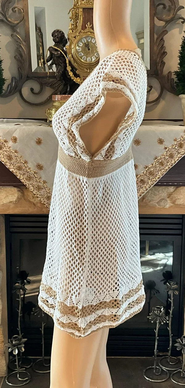 Beautiful White And Tan Beach Cover Up Dress L - Image 5
