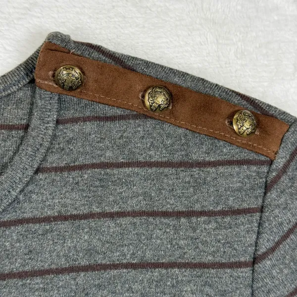 Lauren‎ Ralph Lauren Petite Gray Striped Button Shoulder Long Sleeve Top PL - Image 5