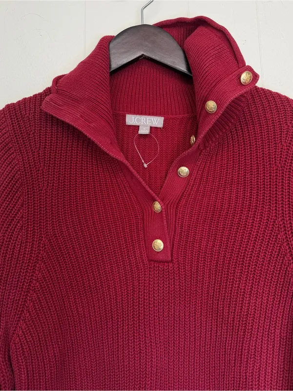 J. CREW Red Ribbed Cotton Button Collar Sweater Medium - Image 2
