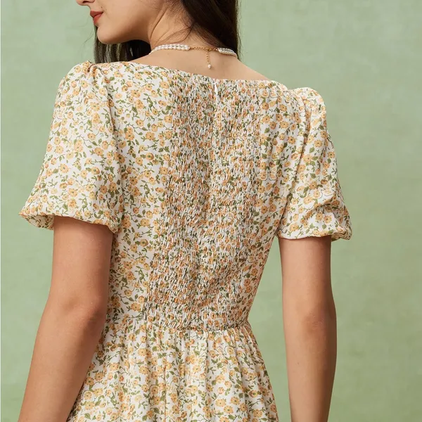 Rihoas Yellow Floral Puffed Sleeve Midi Dress - Image 4