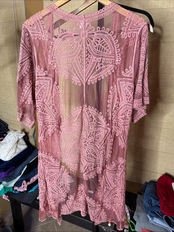 Time and Tru Dusty Rose Lace Kimono Cardigan Cover Up S/M Sheer Boho - Image 8