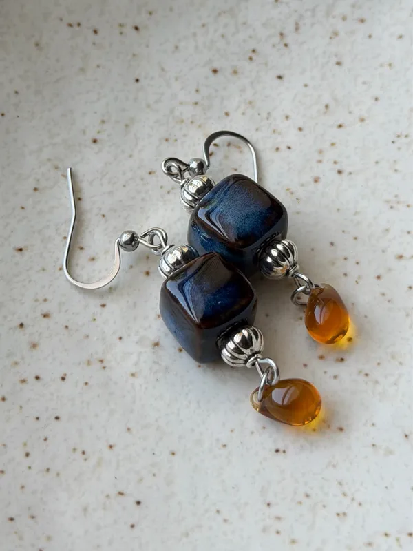 Handmade ceramic cube & Czech teardrop chic boho retro vintage style dangle earrings - Image 5