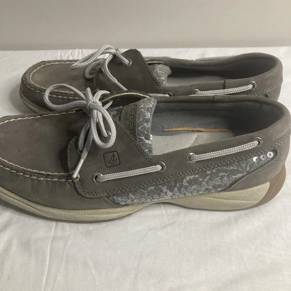Sperry Top- Sider Womens Gray Leather Sequins Boat Deck Shoes 9M - Image 6