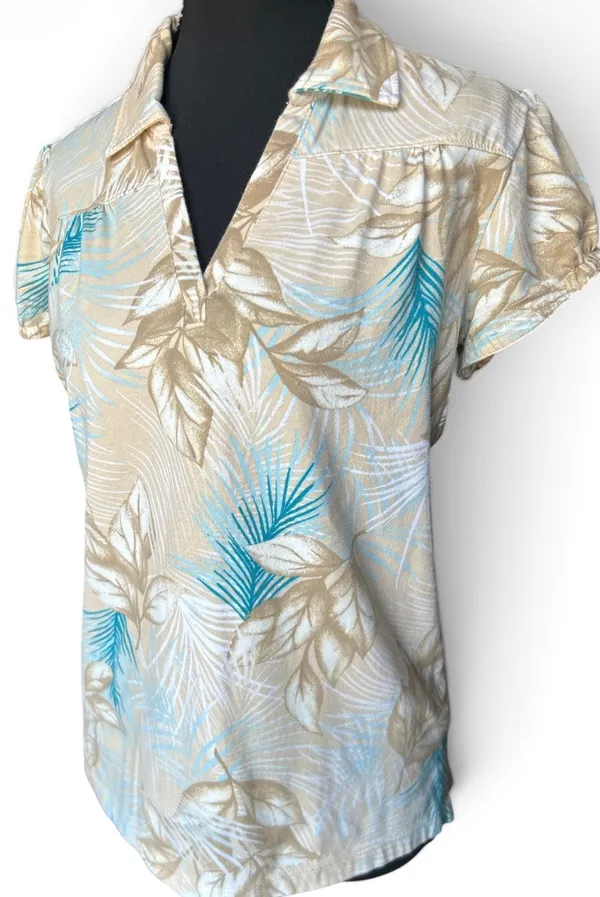 Caribbean Joe Petite Medium Tropical Palm Print Blouse V-Neck Cap Sleeve Tan - Image 2