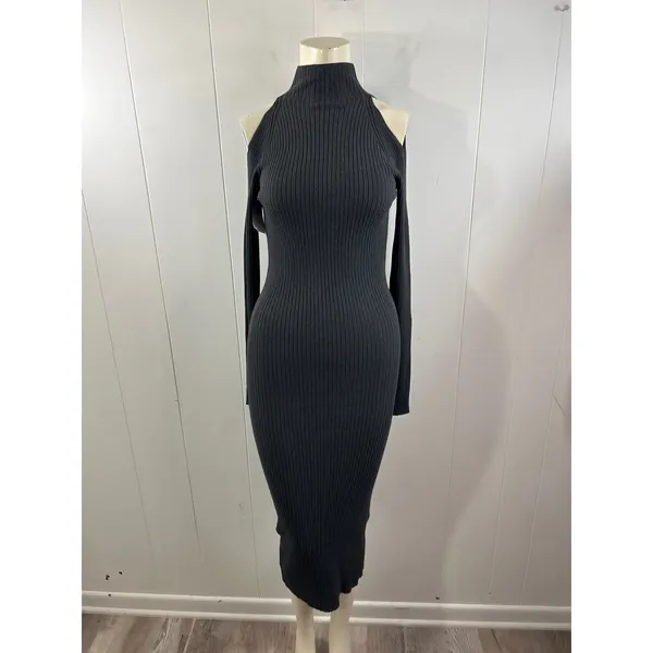 ASTR the Label Cold Shoulder Mock Neck Midi Sweater Dress in Charcoal. Size S. - Image 6