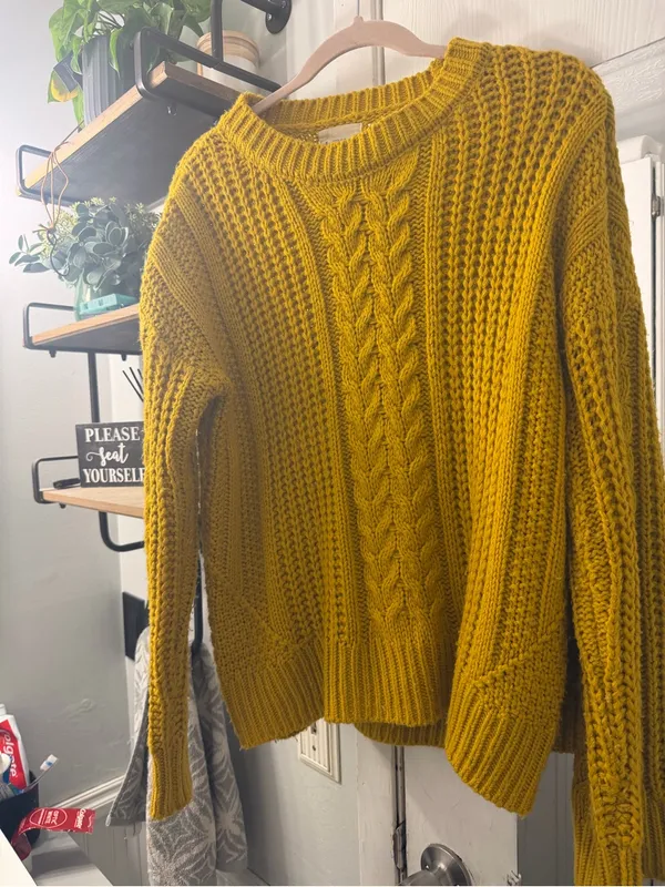 Womens Cable Knit Crewneck Sweater in Mustard - Image 2