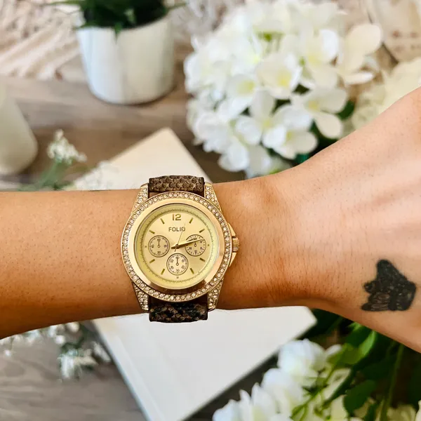Gold & Snake Print Diamond Watch - Image 3