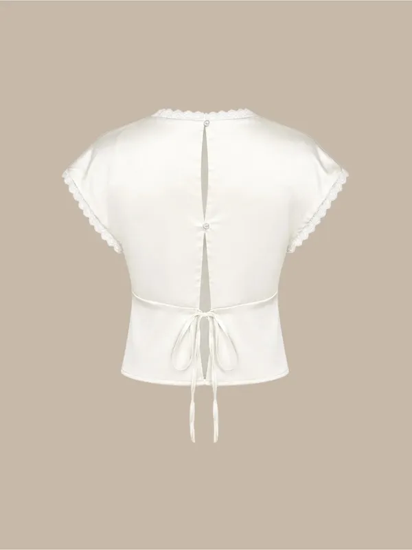 Rihoas Apricot V Neck Lace Satin Tee - Image 7