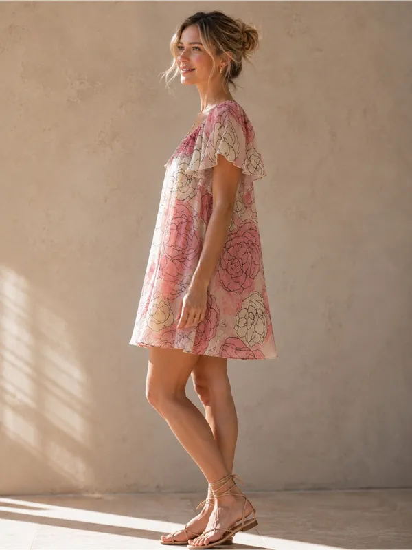 BCBGMaxAzria Boho Blush Pink Floral Mesh Cottagecore Flutter Sleeve Dress - Image 3