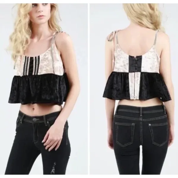 Black Velvet Babydoll Crop Top MEDIUM Ruffle Camisole Dark Romance Going Out NEW - Image 2