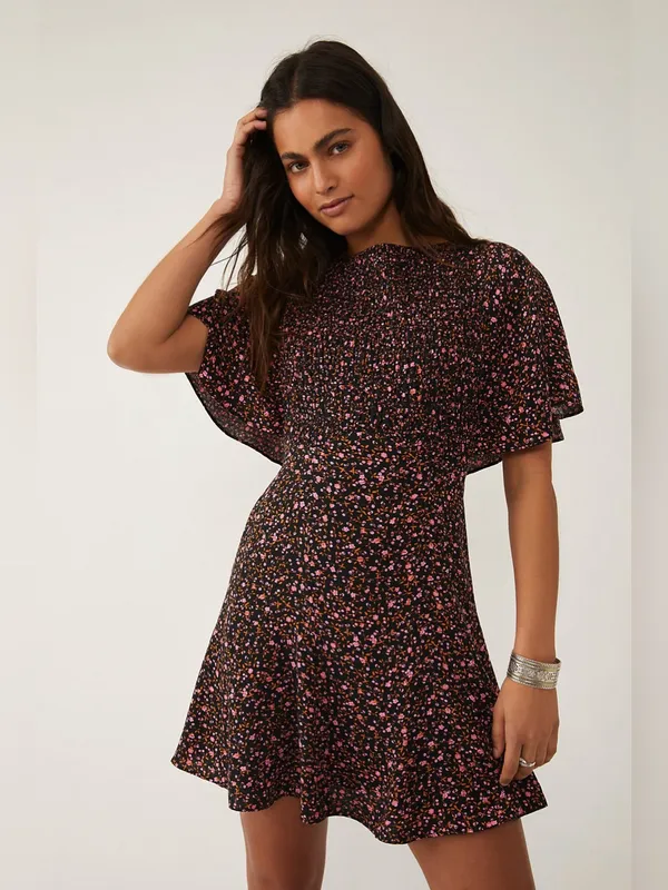 Free People Florence Black Pink FloralPrint Short Sleeve Mini Dress - Image 2