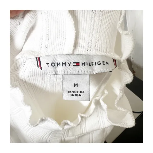 Tommy Hilfiger Top Women's Medium White Ribbed Mock Neck Long Sleeve Preppy - Image 8