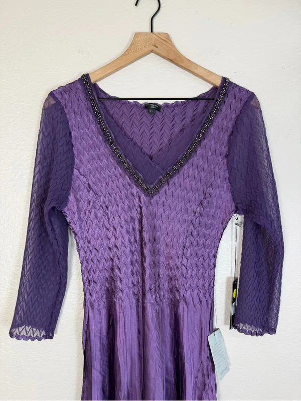 Komarov Beaded Neck Chiffon Charmeuse Midi Dress Purple Large NEW $335 - Image 5