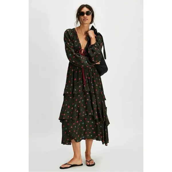 Free People Bohemian Gypsy Tiered Ruffle Maxi Dress Size Medium Witchy Plunge - Image 12
