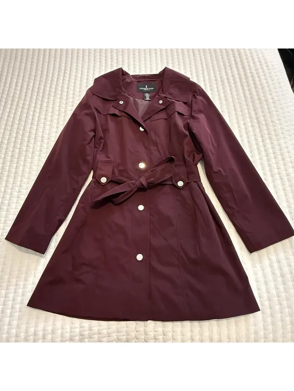 London Fog Burgundy Belted Collared Trench Coat Sz L Large Missing The Hood - Image 15
