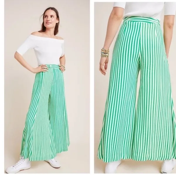 NWOT Anthropologie Mackenzie Striped Extra Wide Green/White Gaucho Crop Pants Sz 10 - Image 3
