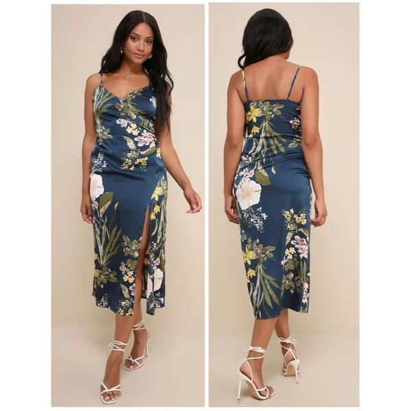 Lulus Remarkable Entrance Navy Blue Floral Print Satin Midi Dress Size Medium - Image 2