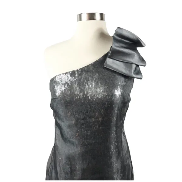 AQUA Cocktail Dress One Shoulder Metallic Silver Pewter Sequins Bow Accent 2 - Image 3