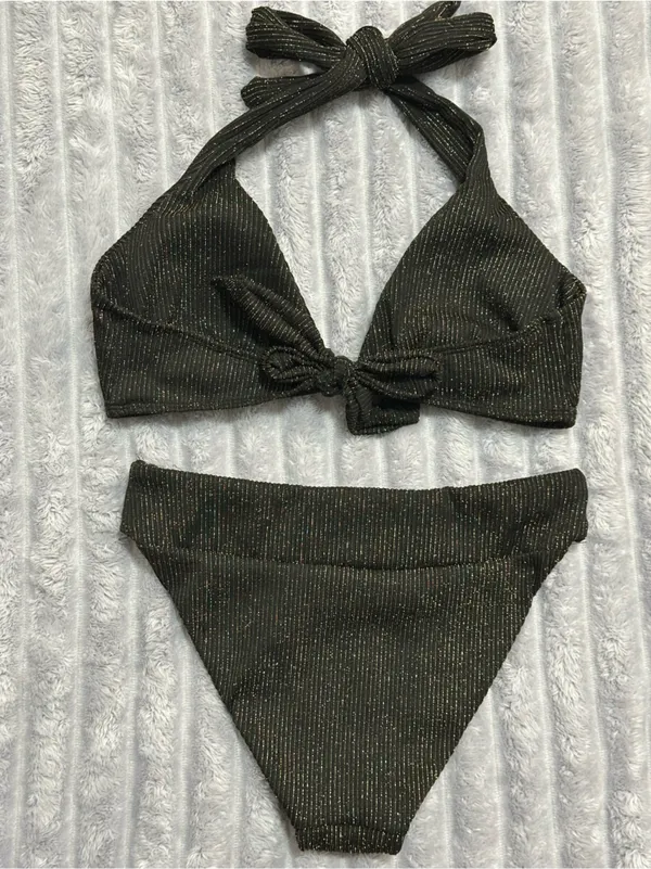 Black Metallic Halter Bikini Set - Women Swim - Image 2