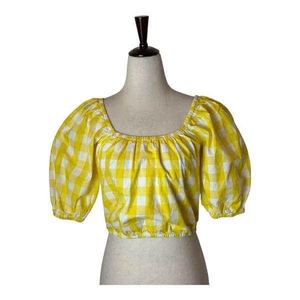 Color Me Courtney Shirt Women Small Yellow White Gingham Cropped Kris Top Boho‎ - Image 4