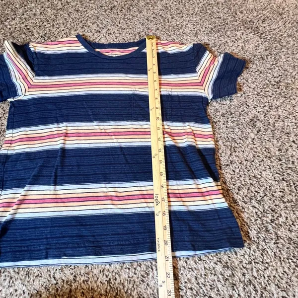 American Eagle Womens‎ XS Striped Pocket Tee Navy Blue Pink Yellow Short Sleeve - Image 4
