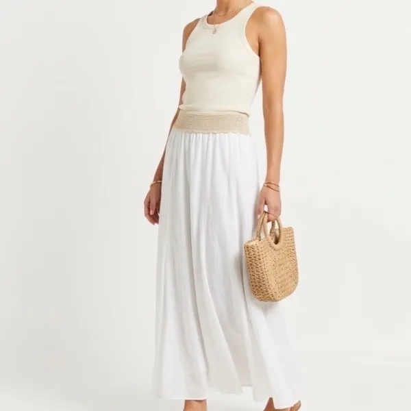 Venus White 100% Cotton Maxi Skirt Crochet Waist Boho Medium Quiet Luxury Beachy - Image 2
