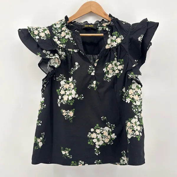 Sugarlips Black Emery Floral‎ Split Neck Ruffle Sleeve Cotton Top Medium Womens - Image 4