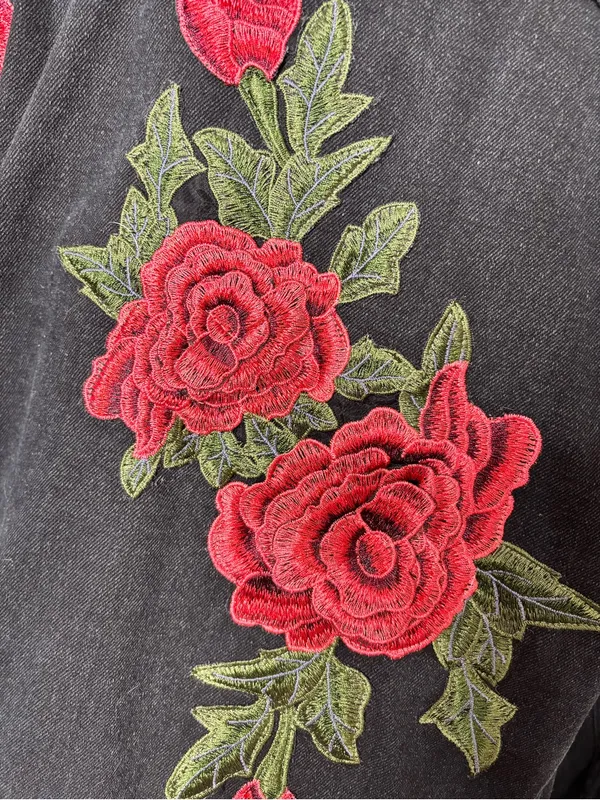 Carmar Black Denim Jacket with Red Rose Embroidery Size M - Image 4