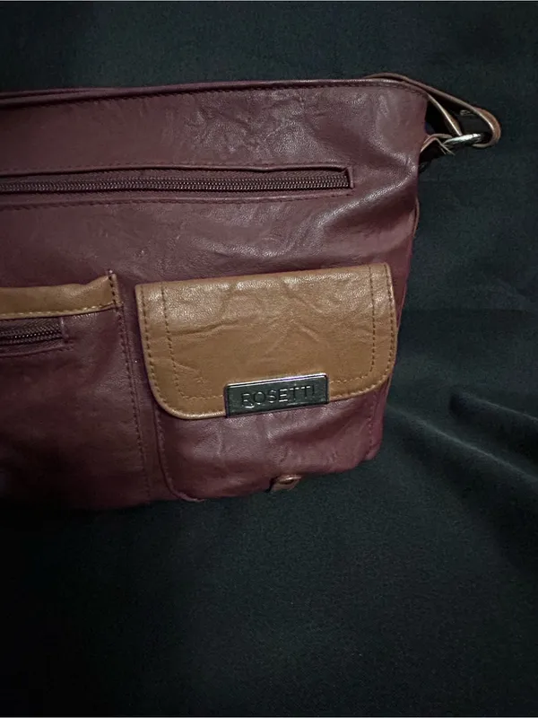 Rosetti Women’s Soft Leather Burgundy & Tan Multi-Pocket Hobo Satchel Bag Purse - Image 4